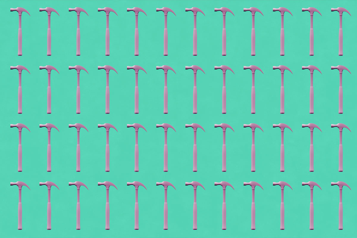 Four rows of hammers on a teal background.